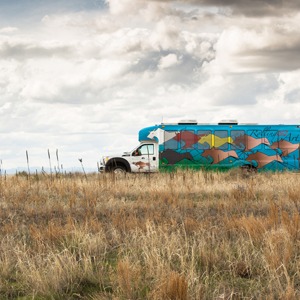 The Rolling Rez Art Mobile traveling down the road.
